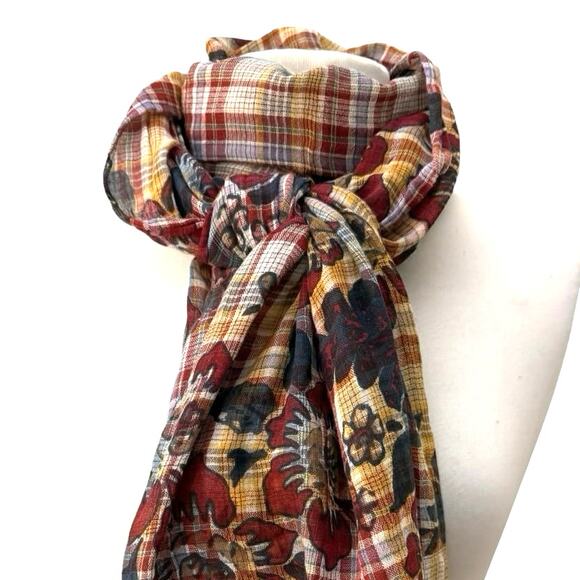 Eddie Bauer Plaid Floral Scarf Tassel Trim Boho Fall Lightweight Cotton Wrap OS - Picture 2 of 8